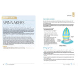 Two pages from the Royal Yachting Association’s RYA Sail Trim Handbook: the left page introduces chapter 10 on spinnakers for cruising sailors, while the right explains asymmetric spinnakers with trim tips and a labeled diagram.
