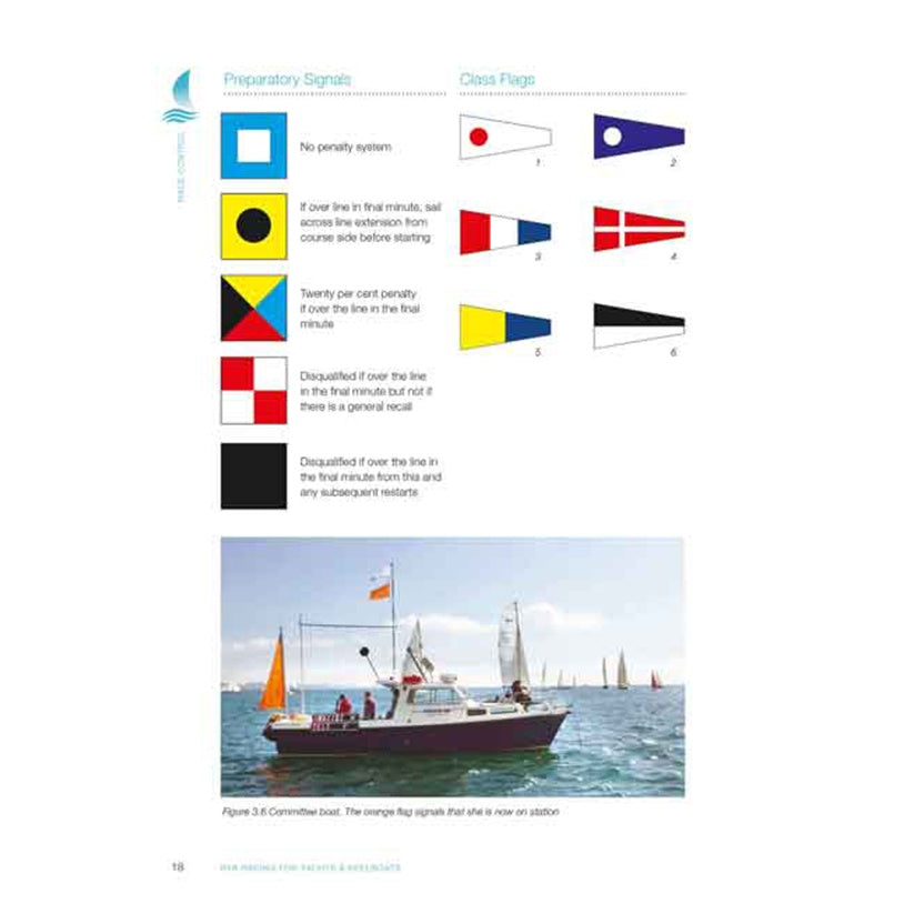 A chart from the Royal Yachting Association’s "RYA Racing for Yachts and Keelboats" shows race flags and their meanings over a photo of a committee boat with signal flags and racing cruisers with crews nearby.