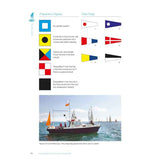 A chart from the Royal Yachting Association’s "RYA Racing for Yachts and Keelboats" shows race flags and their meanings over a photo of a committee boat with signal flags and racing cruisers with crews nearby.