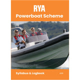 Four people in life jackets ride a speedboat on the cover of the RYA Powerboat Scheme Syllabus and Logbook from the Royal Yachting Association, an essential guide for powerboat training and keeping records.