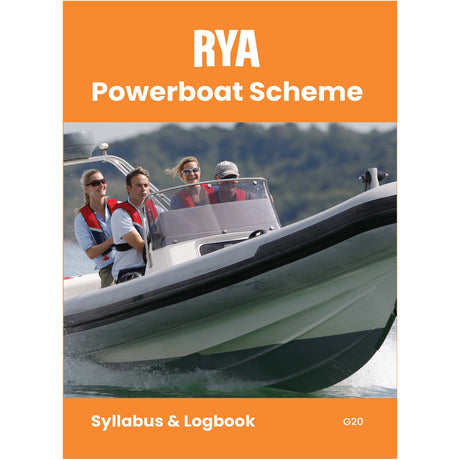 Four people in life jackets ride a speedboat on the cover of the RYA Powerboat Scheme Syllabus and Logbook from the Royal Yachting Association, an essential guide for powerboat training and keeping records.