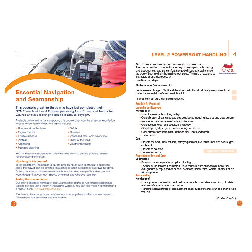 A motorboat operator uses navigation equipment, with the image highlighting the Royal Yachting Association's RYA Powerboat Scheme Syllabus and Logbook and courses like Essential Navigation and Seamanship and Level 2 Powerboat Handling.