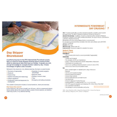 A close-up of two people’s hands using navigation tools on a nautical chart, featured in the Royal Yachting Association's "RYA Powerboat Scheme Syllabus and Logbook" for intermediate powerboat training.