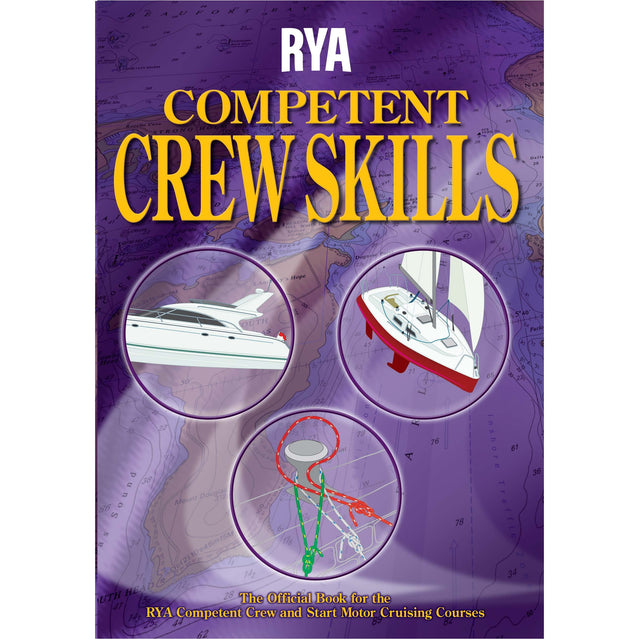 Book cover for "RYA Competent Crew Skills" by the Royal Yachting Association, with motorboat, sailboat, and nautical knots illustrations on a purple chart background. Marks it as the official course book for RYA Competent Crew.
