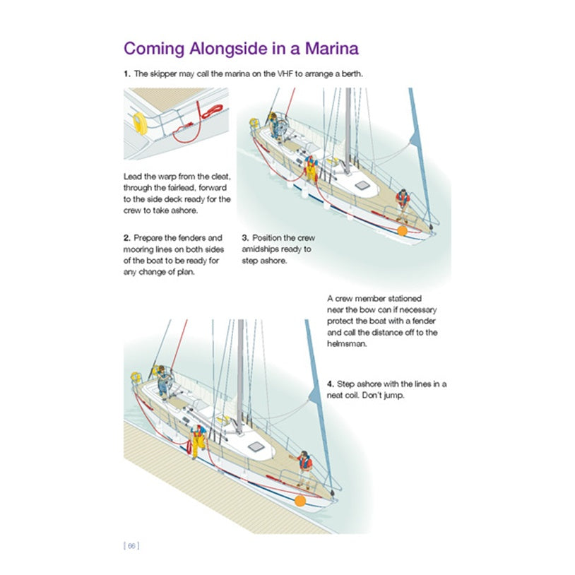 RYA Competent Crew Skills by the Royal Yachting Association offers illustrated guides to bringing a sailboat alongside a marina, covering fender use, crew positioning, and securing lines—ideal for RYA Competent Crew or any sailing course.