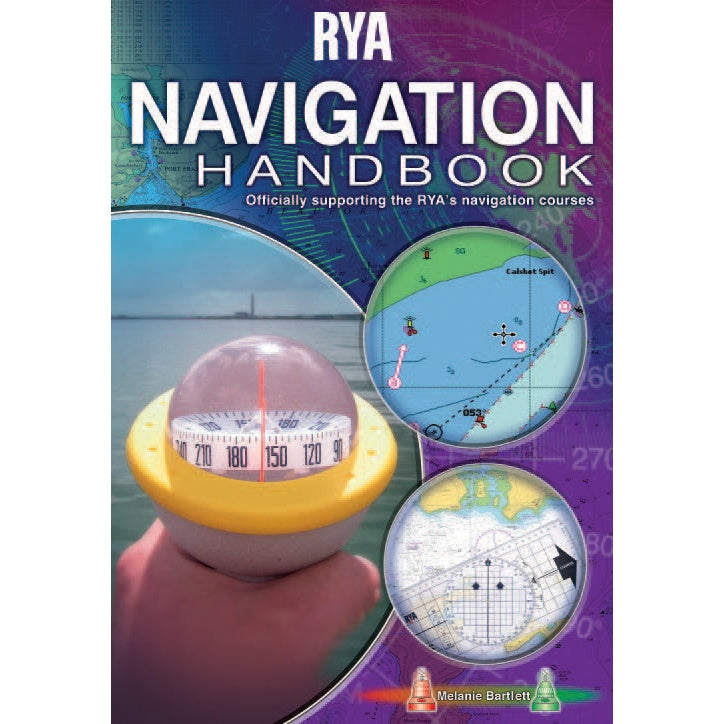 Cover of the RYA Navigation Handbook by the Royal Yachting Association shows a hand with a compass, nautical charts, and navigation maps on a purple-blue background, illustrating navigation techniques; text by Melanie Bartlett.