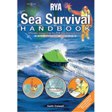 Cover of the "RYA Sea Survival Handbook" by the Royal Yachting Association, showing a liferaft in rough seas, a rescue figure, and icons of emergency scenes—perfect for those taking RYA Sea Survival or Offshore Personal Survival courses.