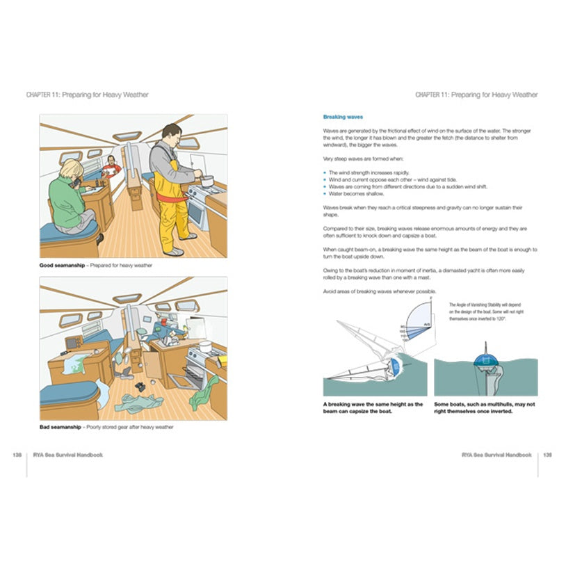 Two sailboat illustrations in the RYA Sea Survival Handbook by the Royal Yachting Association compare good and bad seamanship, with safety tips and diagrams for handling breaking waves on the right page.