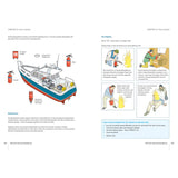 A boat diagram displays fire extinguisher locations and maintenance notes. The right page, inspired by the Royal Yachting Association’s RYA Sea Survival Handbook, shows labeled cartoons with steps for using extinguishers and fire safety instructions.