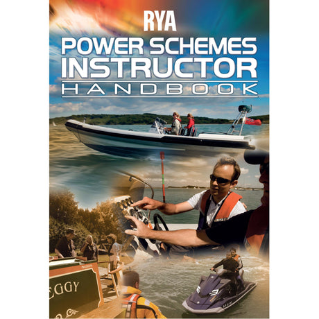 Cover of the RYA Power Schemes Instructor Handbook by the Royal Yachting Association, showing RYA powerboat instructor training with scenes of speedboats, jet skis, on-water instruction, and dockside interactions under a bright sky.