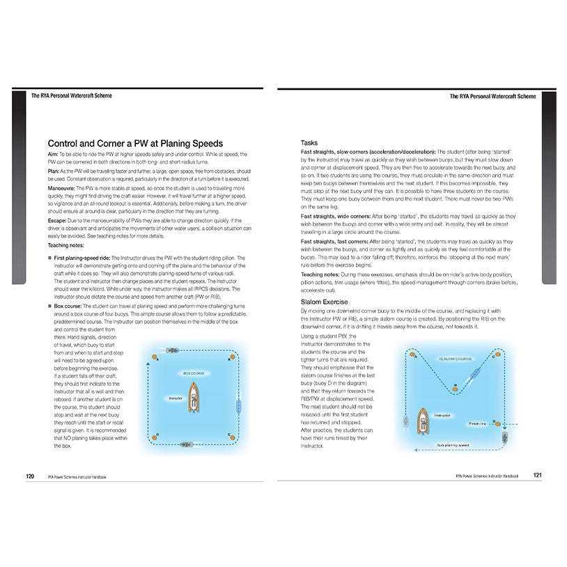 Two pages from the Royal Yachting Association's "RYA Power Schemes Instructor Handbook" show planing speed control steps with diagrams and instructor guidance for related exercises, including a slalom, for powerboat training.