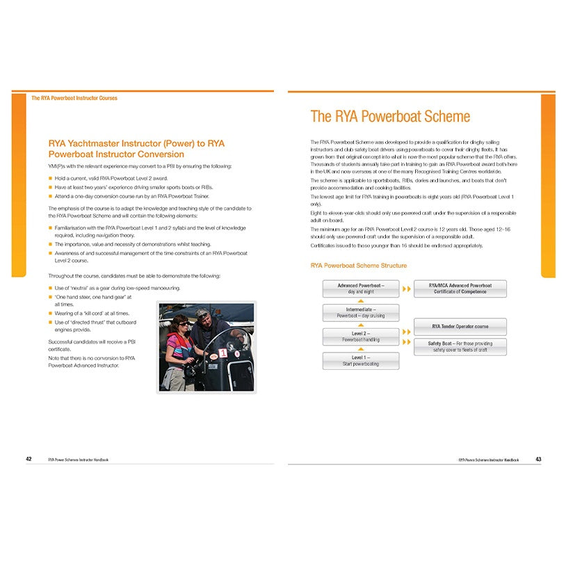 Two pages from the Royal Yachting Association's RYA Power Schemes Instructor Handbook: one shows Power Instructor conversion requirements with an image; the other covers powerboat training using a handbook diagram.