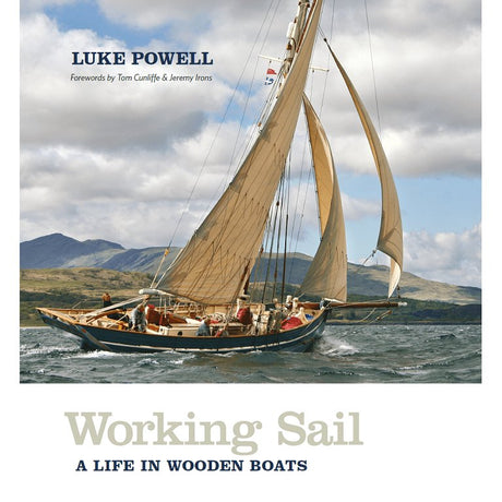 A classic wooden sailboat inspired by pilot cutters glides on the water with crew, green hills, and cloudy skies. "Working Sail" by Lodestar Books appears above and below, highlighting the art of traditional boatbuilding.