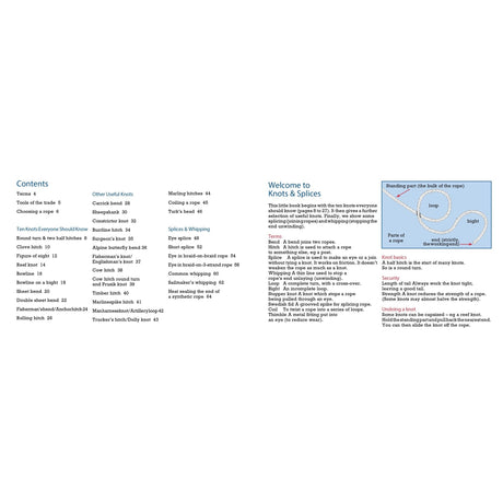 In "Knots & Splices" by Fernhurst Books, the left page features a table of contents with topics like knot tying and uses, while the right side offers an introduction and a diagram labeling rope parts and explaining knot terminology.