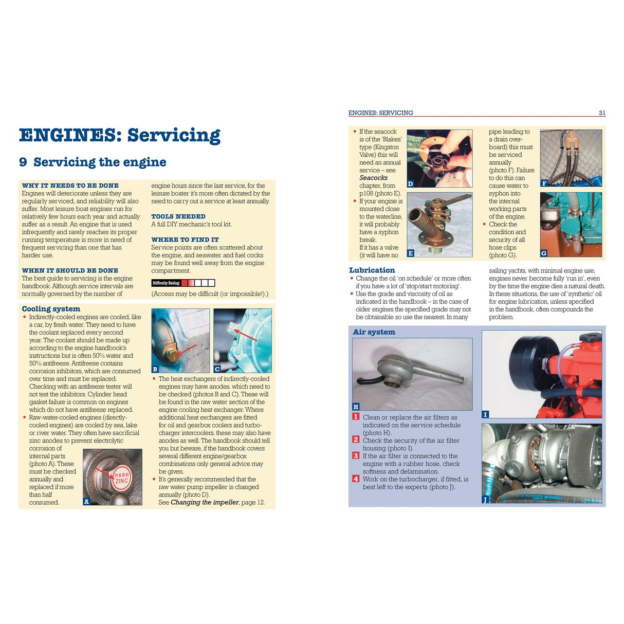 A double-page spread from Simple Boat Maintenance by Fernhurst Books shows engine servicing instructions with labeled photos, covering cooling, lubrication, air system checks, and tips for diagnosing engine problems.