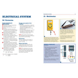 A spread from "Simple Boat Maintenance" by Fernhurst Books covers electrical systems: one page lists formulas and tips, while the other illustrates multimeter use, battery testing, and series vs. parallel circuits with diagrams and photos.