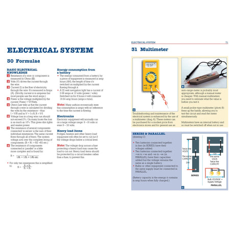 A spread from "Simple Boat Maintenance" by Fernhurst Books covers electrical systems: one page lists formulas and tips, while the other illustrates multimeter use, battery testing, and series vs. parallel circuits with diagrams and photos.