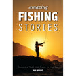 The book cover of "Amazing Fishing Stories" by Fernhurst Books shows a silhouette fly fishing on rocks at sunset, with mountains in the background.