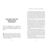 Open book displaying "Cascades and the French Line Fisherman" with a subtitle on the left page; right page starts one of Fernhurst Books' Amazing Fishing Stories in two columns of black text on white paper.