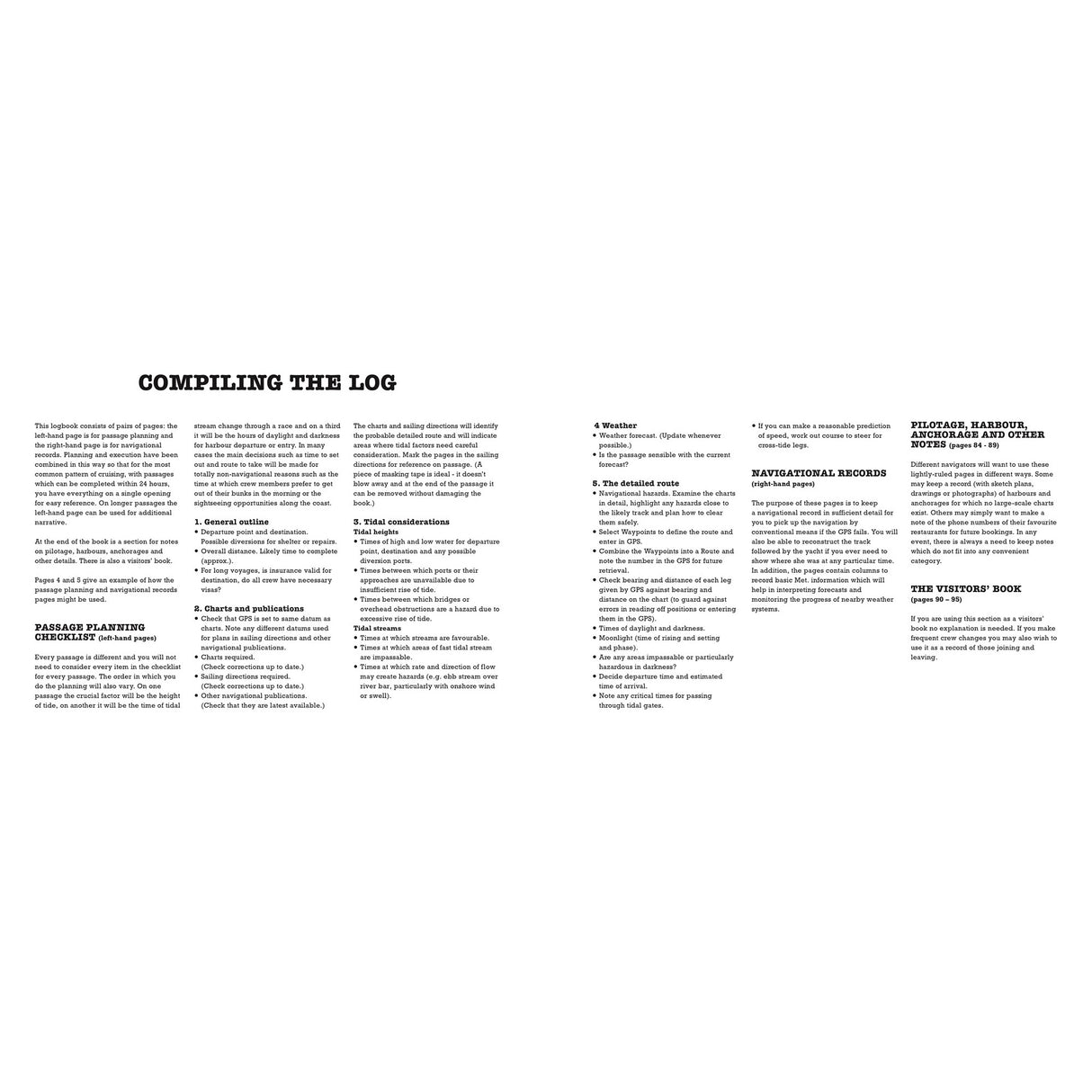 A white page from the "Logbook for GPS Navigation" by Fernhurst Books features black text columns, bullet points, and bold headings outlining steps for logging weather, GPS navigation data, passage planning, and visitor info.