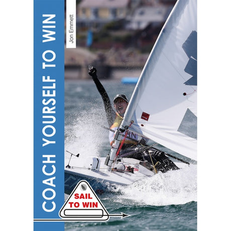 A sailor steers a small sailboat through choppy water, arm raised in triumph. The cover reads "Coach Yourself to Win" by Fernhurst Books, featuring a "Sail to Win" badge at the bottom.