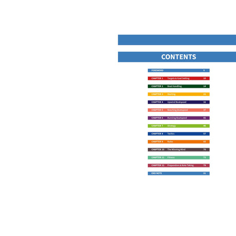 Coach Yourself to Win by Fernhurst Books features a color-coded table of contents with sections like foreword, spot reading, teaching, musical background, strategy, sailing success, preparation and note-taking, plus a postlude.