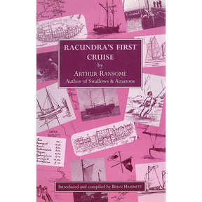 The cover of "Racundra's First Cruise" by Fernhurst Books features sketches and photos of Baltic sailing boats and nautical maps on a pink background with white and purple accents.