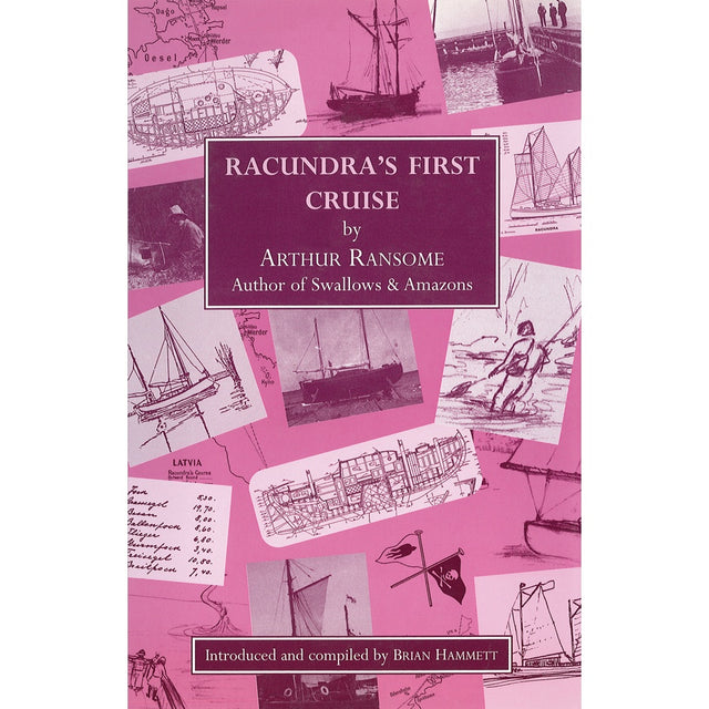 The cover of "Racundra's First Cruise" by Fernhurst Books features sketches and photos of Baltic sailing boats and nautical maps on a pink background with white and purple accents.