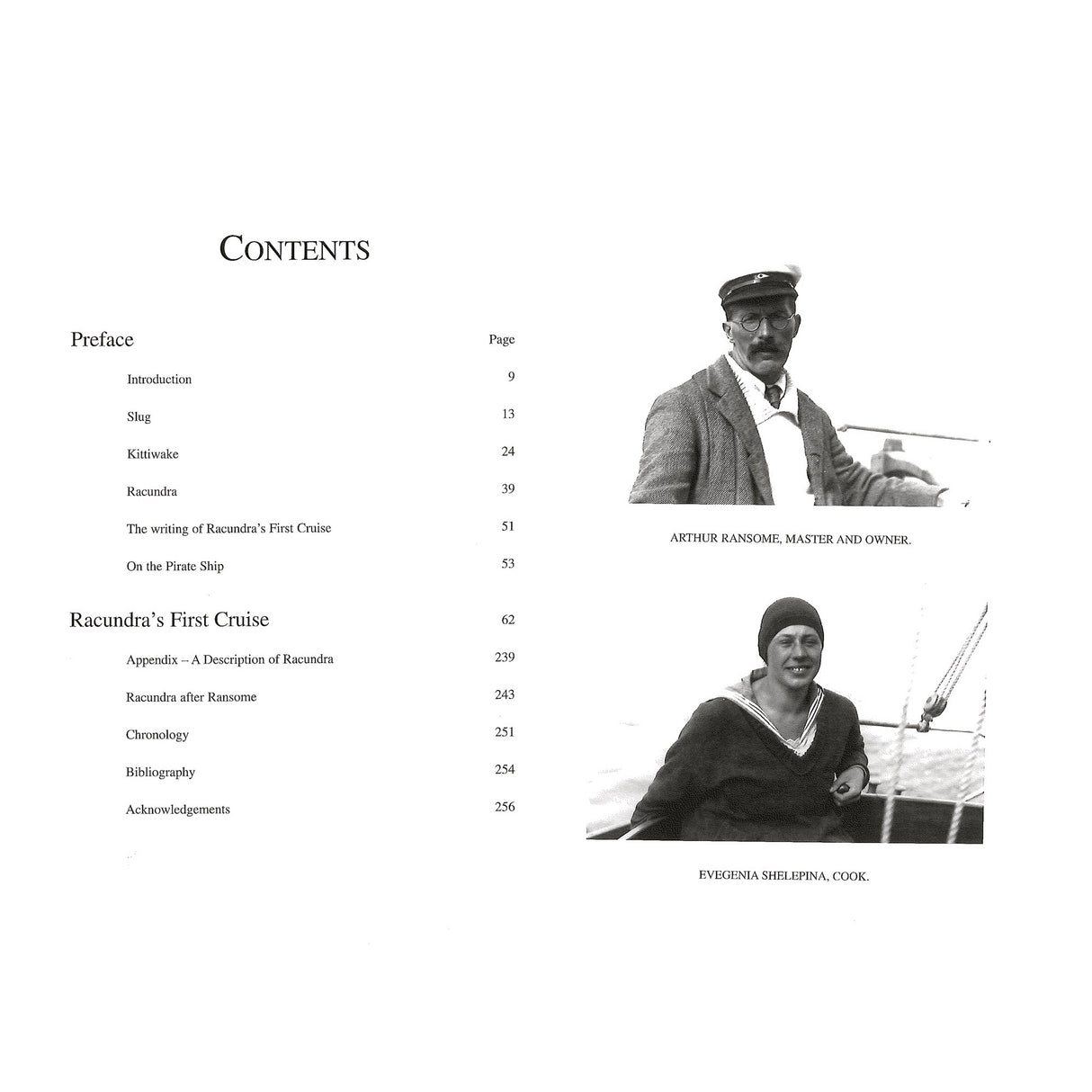 A table of contents appears on the left. On the right, black-and-white photos show Arthur Ransome, renowned for Baltic sailing in Fernhurst Books' "Racundra's First Cruise," and Evgenia Shelepina, Cook.