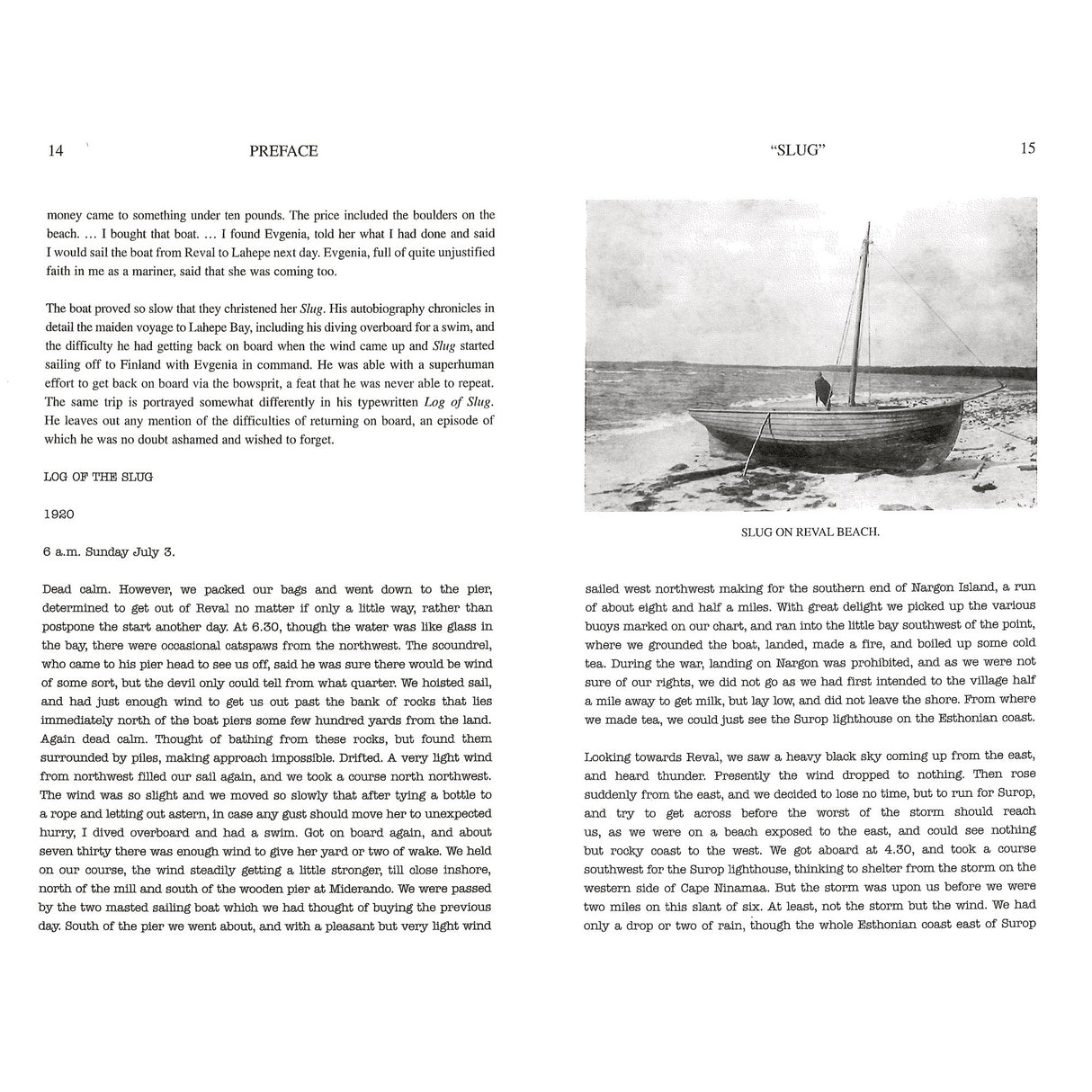 A black and white photo of the sailboat "Slug" beached on sand with a man nearby, evoking Arthur Ransome’s Baltic voyage in "Racundra's First Cruise" by Fernhurst Books, with calm sea and clear sky stretching to the horizon.