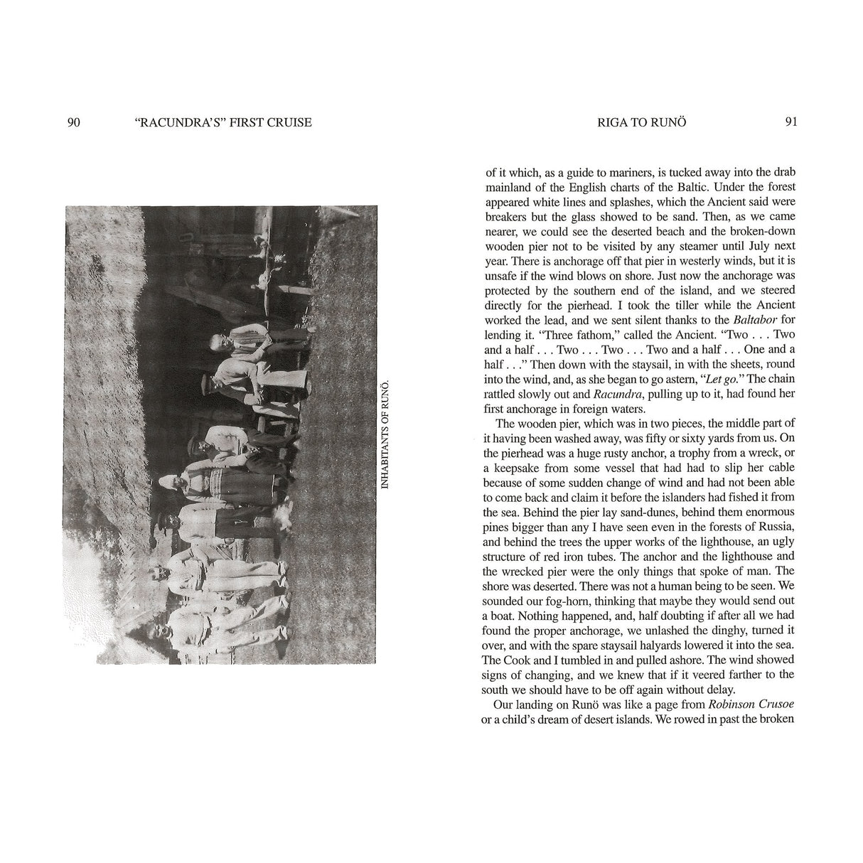 A black and white photo of people in a semicircle outdoors, shown on a printed page with text, appears in Fernhurst Books’ Racundra's First Cruise.