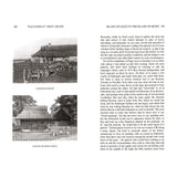 A scanned book spread features two black-and-white photos: one of a rustic house marked "A HOUSE ON MOON," the other, "A HOUSE ON MOON TODAY," evoking transformation—reflecting Arthur Ransome's journey in Fernhurst Books’ Racundra's First Cruise.