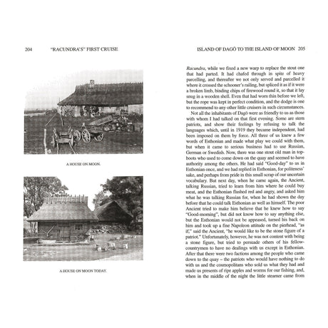 A scanned book spread features two black-and-white photos: one of a rustic house marked "A HOUSE ON MOON," the other, "A HOUSE ON MOON TODAY," evoking transformation—reflecting Arthur Ransome's journey in Fernhurst Books’ Racundra's First Cruise.