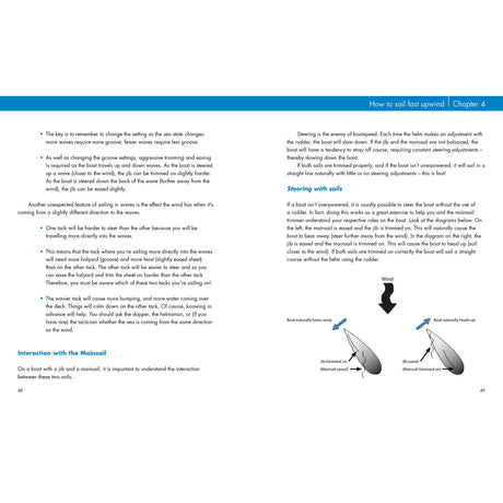 Two pages from "Jib Trimming" by Fernhurst Books feature text and diagrams on upwind sailing: the left page covers mainsail and jib trimming, while the right illustrates steering with sails, comparing heading up versus bearing away.