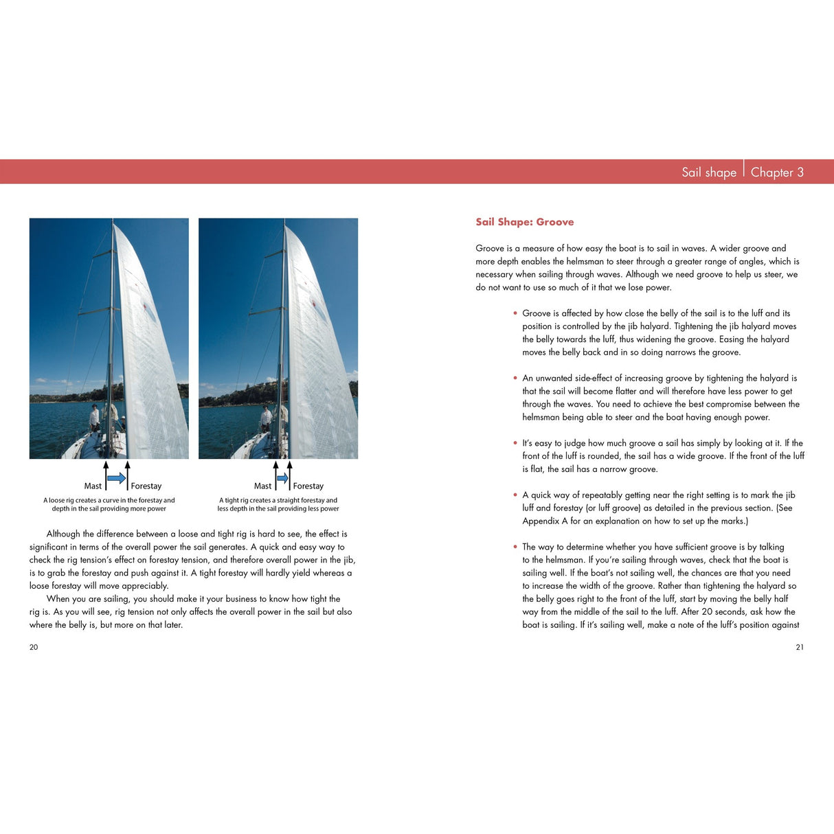 An image pair from "Jib Trimming" by Fernhurst Books: labeled photos of a sailboat's mast and forestay. The left shows a straighter sail, the right a bent mast—demonstrating proper sail trim and explaining the concept of "groove.