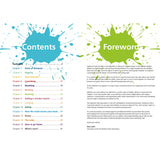 A vibrant book spread in "Sailing For Kids" by Fernhurst Books shows a blue “Contents” splatter on the left and a green “Foreword” splatter on the right, listing chapters and introductory text on a white background—ideal for young sailors.
