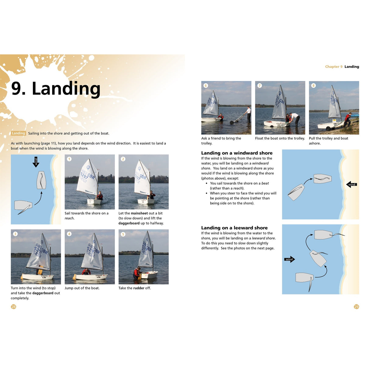 The "9. Landing" spread in Fernhurst Books’ Sailing For Kids gives step-by-step instructions and photos of a child sailing an Optimist dinghy to shore, plus diagrams for windward and leeward landings—ideal for young sailors.