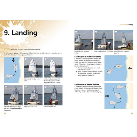 The "9. Landing" spread in Fernhurst Books’ Sailing For Kids gives step-by-step instructions and photos of a child sailing an Optimist dinghy to shore, plus diagrams for windward and leeward landings—ideal for young sailors.