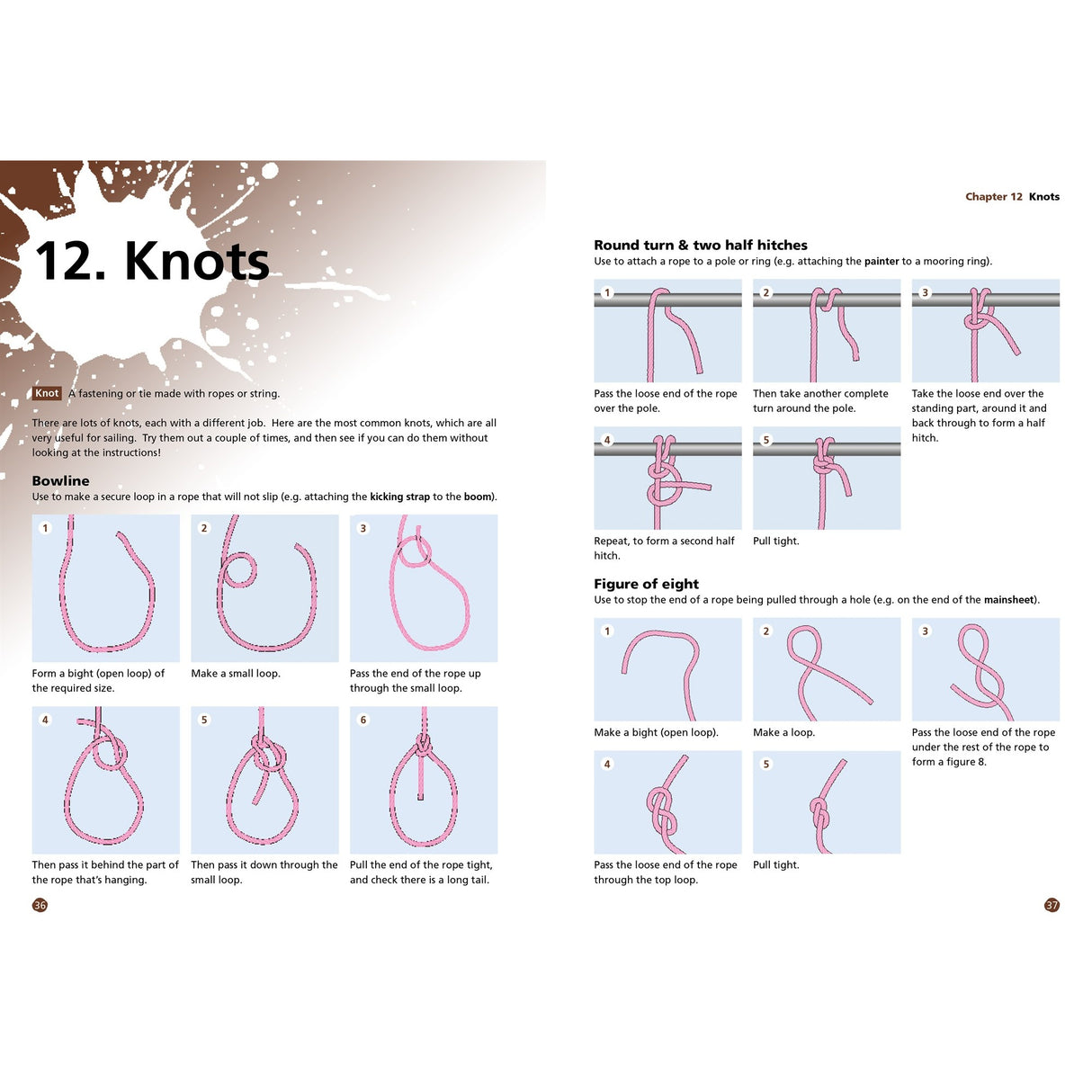 Sailing For Kids by Fernhurst Books features step-by-step diagrams with pink rope illustrations, making it easy for beginners to learn essential knots like the bowline—perfect for Optimist dinghy and children's sailing.