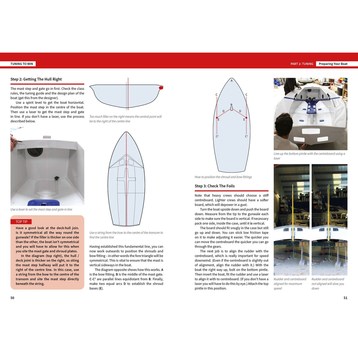 Tuning To Win by Fernhurst Books is a step-by-step guide with diagrams and photos of small sailboats, showing deck layout, rigging, and instructions for setup, dinghy tuning, and sail checks.