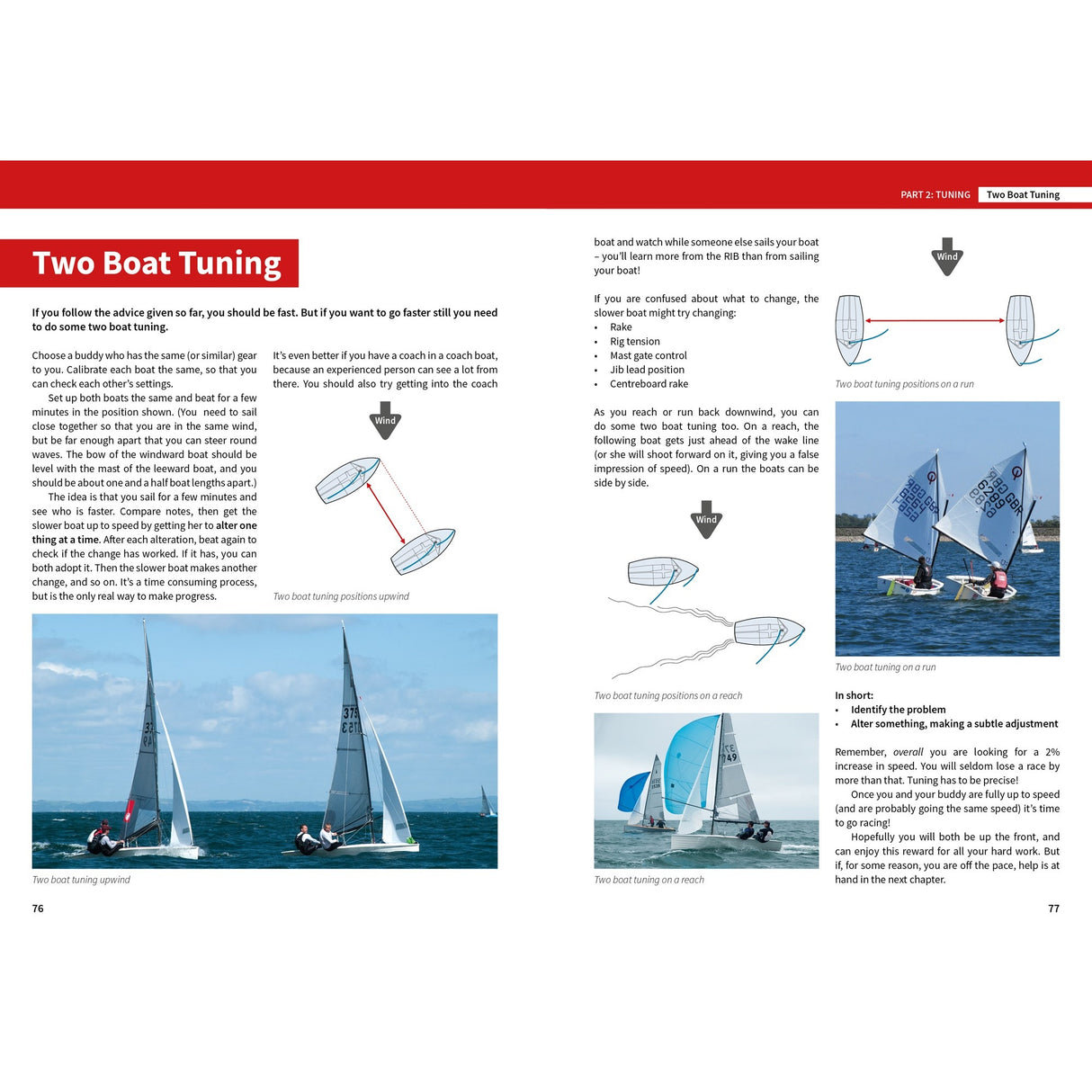 A magazine spread from Fernhurst Books' "Tuning To Win" features diagrams and photos of sailboats, with text and visuals explaining race techniques for comparing sail settings between two boats.