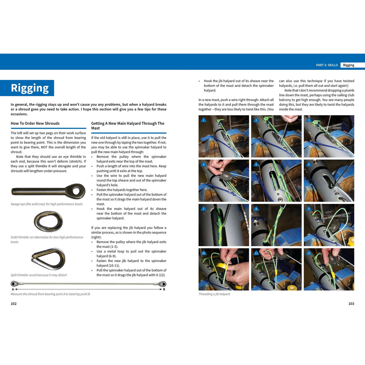 A two-page spread from "Tuning To Win" by Fernhurst Books features text and 13 photos illustrating step-by-step boat tuning, specifically rigging a halyard through a mast, including threading and hardware attachment.