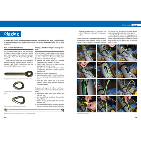 A two-page spread from "Tuning To Win" by Fernhurst Books features text and 13 photos illustrating step-by-step boat tuning, specifically rigging a halyard through a mast, including threading and hardware attachment.