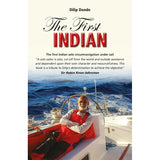 Book cover of "First Indian" by Commander Dilip Donde, published by Fernhurst Books, shows a man in a red vest on INSV Mhadei at sea. Subtitle notes the first Indian solo circumnavigation under sail.