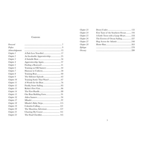 The table of contents for "First Indian" by Fernhurst Books lists chapters 1–28 with titles and pages, including Foreword, Acknowledgements, Epilogue, Glossary, and nautical topics like Commander Dilip Donde’s solo voyage on INSV Mhadei.