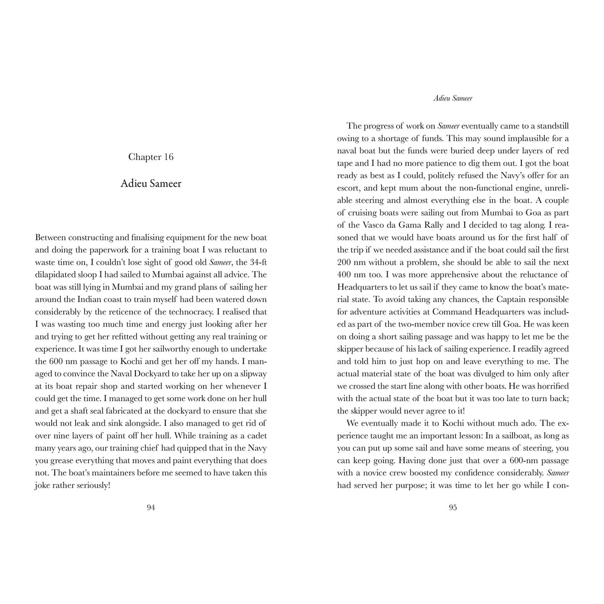 Two pages from "First Indian" by Fernhurst Books: Left—“Chapter 16 Adieu Sameer” on INSV Mhadei’s decommissioning; Right—prose details paperwork, memories, and Cdr. Donde's solo circumnavigation before the boat’s final farewell.