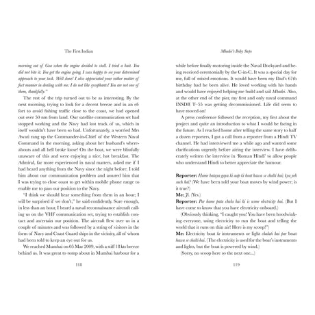 A two-page spread from "First Indian" by Fernhurst Books: the left page narrates a morning event; the right features an interview, "Ahmed's Baby Ship," referencing Commander Dilip Donde’s solo circumnavigation on INSV Mhadei.