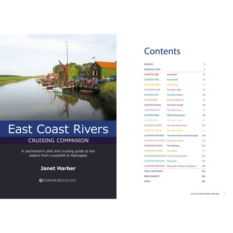 The cover of Fernhurst Books' "East Coast Rivers Cruising Companion" shows riverside boats; the next page lists contents, including Thames Estuary chapters and detailed East Coast Rivers cruising notes.