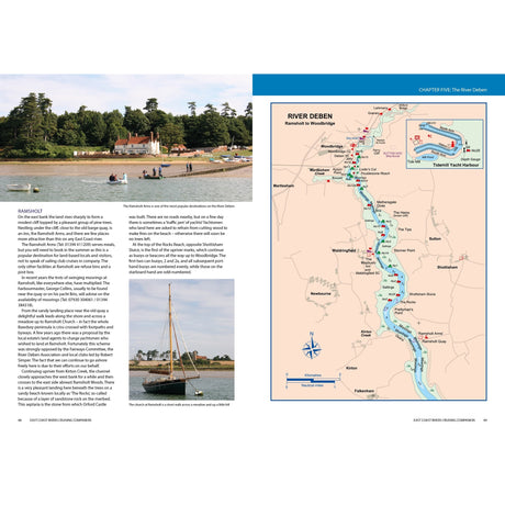 A two-page spread from the East Coast Rivers Cruising Companion by Fernhurst Books: the left shows a lively riverside Ramsholt scene with people, boats, and trees; the right displays a detailed River Deben navigation map.