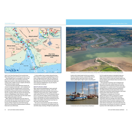 The East Coast Rivers Cruising Companion from Fernhurst Books features a Brightlingsea Creek map with labeled landmarks and navigation details plus aerial and marina photos of Thames Estuary waterways, boats, and riverside terrain under a partly cloudy sky.